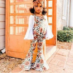 Floral Pink Green White Flared Bell Bottom Girls Jumpsuit Overalls